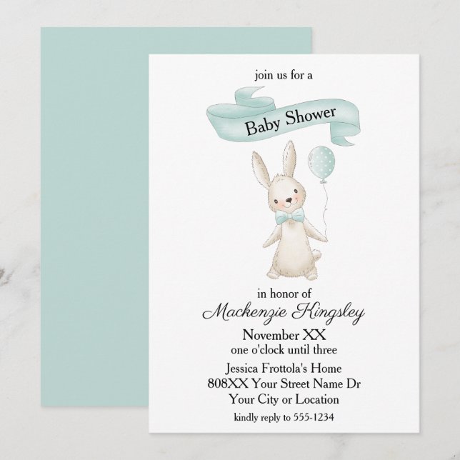 Cute Stuffed Bunny with Teal Balloon Baby Shower Invitation (Front/Back)