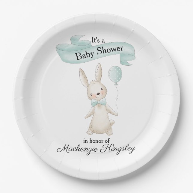 Cute Stuffed Bunny with Teal Balloon Baby Shower Paper Plate (Front)