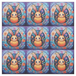 Cute Stylised Easter Bunny with Flowers Fabric