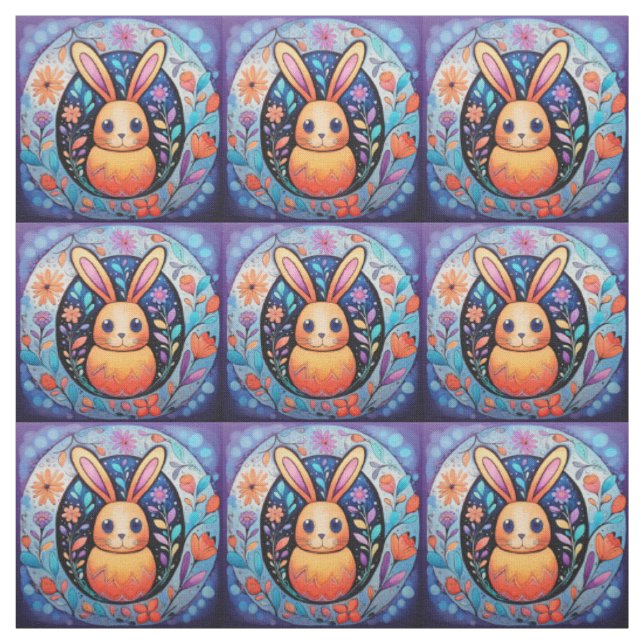 Cute Stylised Easter Bunny with Flowers Fabric (Swatch)