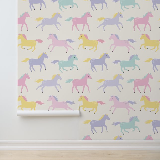 Cute stylised pastel Horses pattern on cream Wallpaper (Application)