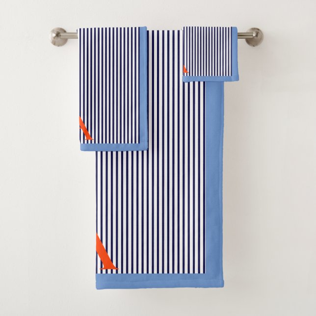 Cute Stylish Blue Striped Monogram  Bath Towel Set (Insitu)