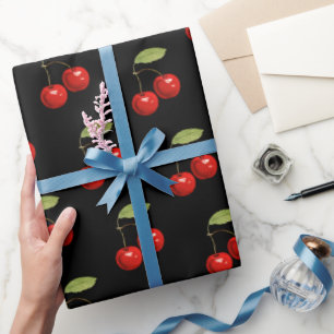 Cute Stylish Chic Pretty Retro Red Cherries Black Wrapping Paper