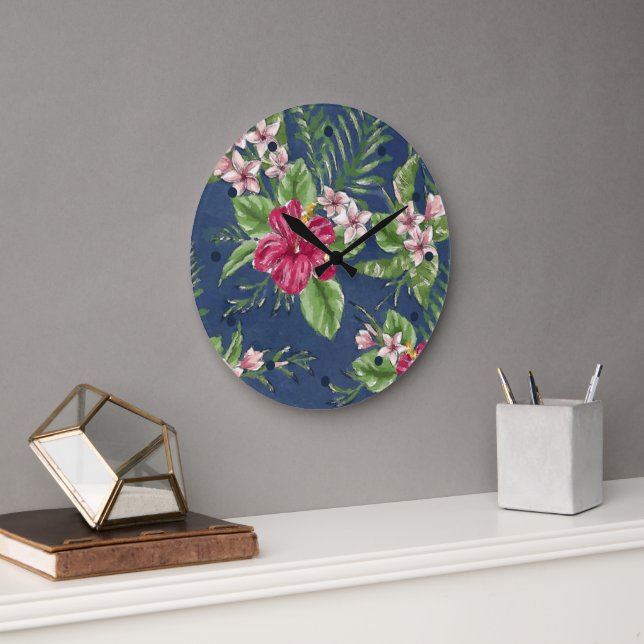 Cute Stylish Colours Tropical Hawaii Floral Patter Large Clock (Office)