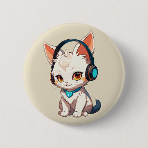 Cute Stylish Kitty in Headphones 6 Cm Round Badge