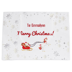 Cute Stylish Modern Unicorn Santa Snow Name Xmas Large Gift Bag