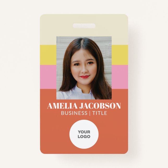 Cute Stylish Pink Orange Employee Photo ID Logo ID Badge (Front)