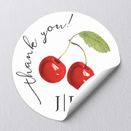 Cute Stylish Red Cherries Thank You Black Monogram Classic Round Sticker