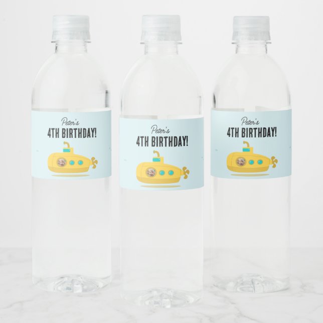 Cute Submarine Birthday Party Kids Photo Water Bottle Label (Bottles)