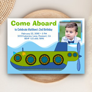 Cute Submarine Boy Photo Birthday Party Invitation