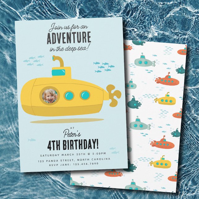 Cute Submarine Deep Sea Birthday Kids Photo Invitation (Cute Submarine Deep Sea Birthday Kids Photo Invitation)