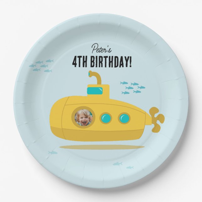 Cute Submarine Deep Sea Birthday Kids Photo Paper Plate (Front)