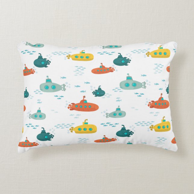 Cute Submarine Nautical Deep Sea Fish Pattern Decorative Cushion (Front)