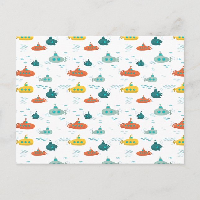 Cute Submarine Nautical Deep Sea Fish Pattern Postcard (Front)