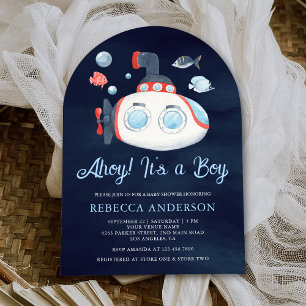 Cute Submarine Nautical Navy Blue Arch Baby Shower Invitation