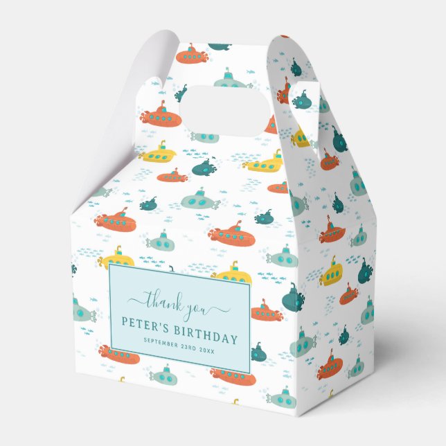 Cute Submarine Nautical Sea Fish Kids Birthday Favour Box (Front Side)