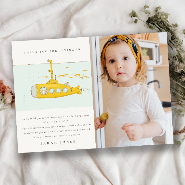 Cute Submarine Photo Yellow Any Age Birthday  Thank You Card (Creator Uploaded)