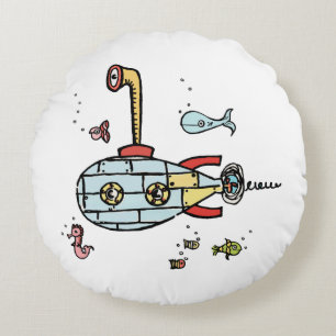 Cute Submarine with Red Back with Spots Round Cushion