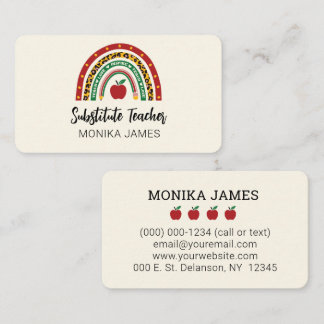 Cute Substitute Teacher Rainbow Leopard Print Business Card