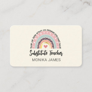 Cute Substitute Teacher Rainbow Leopard Print Business Card