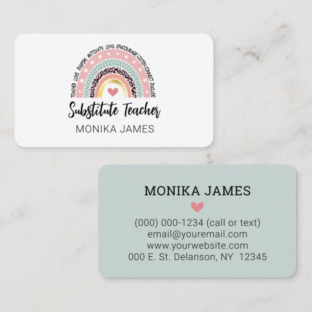 Cute Substitute Teacher Rainbow Leopard Print Business Card (Front/Back)
