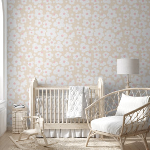 Cute Subtle Beige Pink White Daisy Pattern Wallpaper