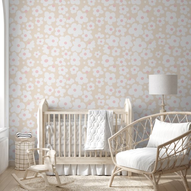 Cute Subtle Beige Pink White Daisy Pattern Wallpaper (Kids)
