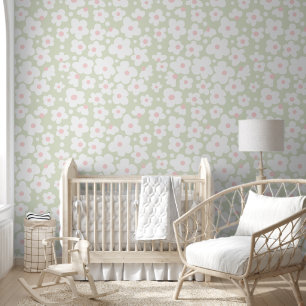 Cute Subtle Pink White Daisy Pattern on Sage Wallpaper