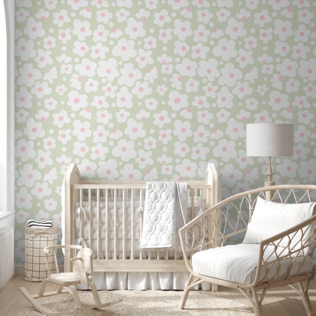 Cute Subtle Pink White Daisy Pattern on Sage Wallpaper (Kids)