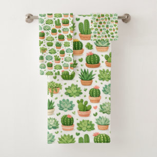 Cute Succulent Plant Seamless Pattern Bath Towel Set
