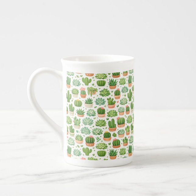 Cute Succulent Plant Seamless Pattern Bone China Mug (Left)