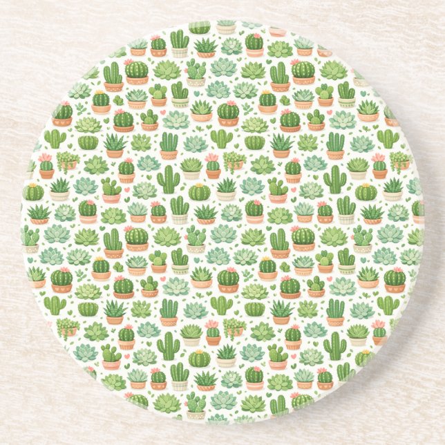 Cute Succulent Plant Seamless Pattern Coaster (Front)