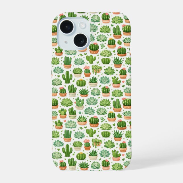 Cute Succulent Plant Seamless Pattern iPhone 15 Case (Back)
