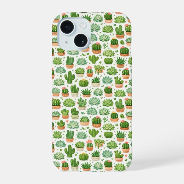 Cute Succulent Plant Seamless Pattern iPhone 15 Case (Back)