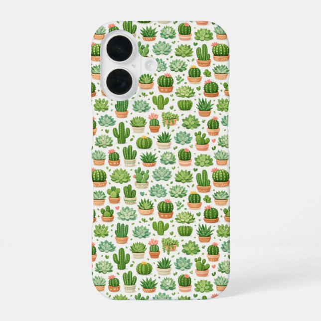 Cute Succulent Plant Seamless Pattern iPhone 16 Case (Back)