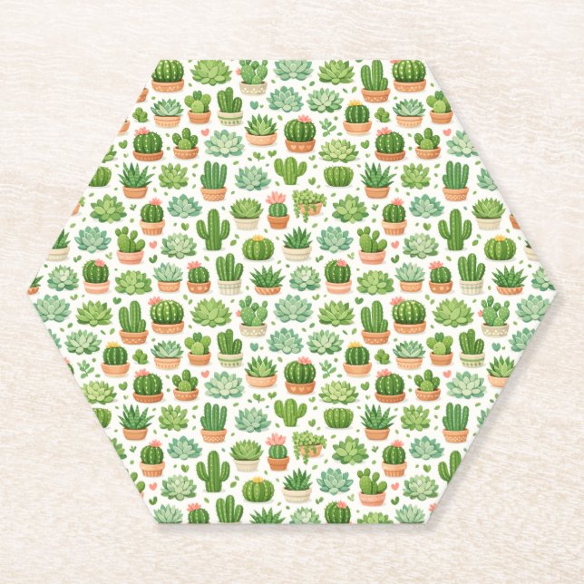 Cute Succulent Plant Seamless Pattern Paper Coaster (Front)
