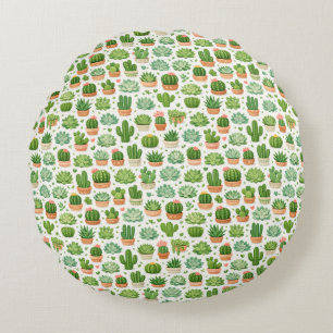 Cute Succulent Plant Seamless Pattern Round Cushion
