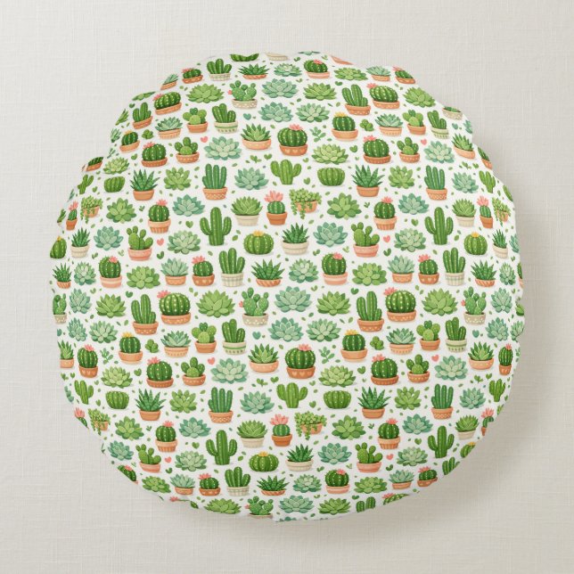 Cute Succulent Plant Seamless Pattern Round Cushion (Front)