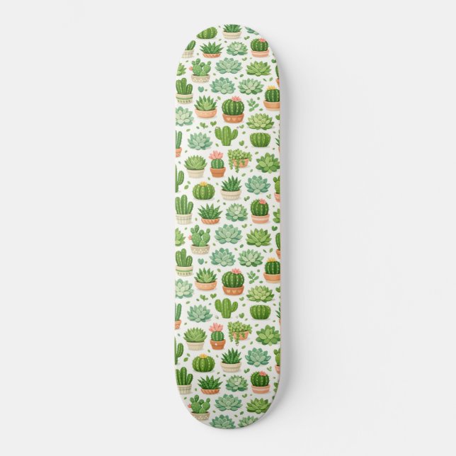Cute Succulent Plant Seamless Pattern Skateboard (Front)