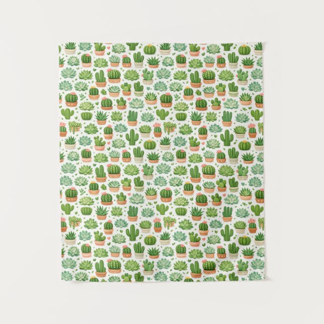 Cute Succulent Plant Seamless Pattern Tapestry (Front)