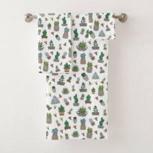 Cute Succulent Potted Plants Pattern Bath Towel Set
