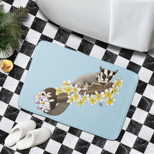 Cute Sugar Glider Tropical Plumeria Flowers Blue Bath Mat