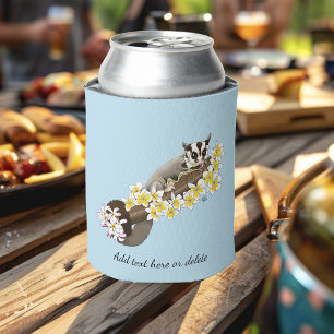 Cute Sugar Glider Tropical Plumeria Flowers Blue Can Cooler