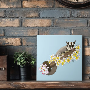 Cute Sugar Glider Tropical Plumeria Flowers Blue Ceramic Tile