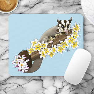 Cute Sugar Glider Tropical Plumeria Flowers Blue Mouse Pad
