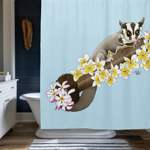 Cute Sugar Glider Tropical Plumeria Flowers Blue Shower Curtain