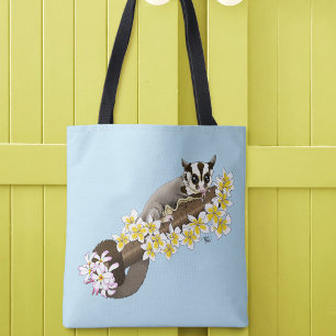 Cute Sugar Glider Tropical Plumeria Flowers Blue Tote Bag