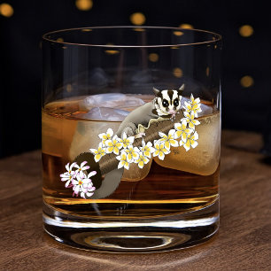 Cute Sugar Glider Tropical Plumeria Flowers Blue Whiskey Glass