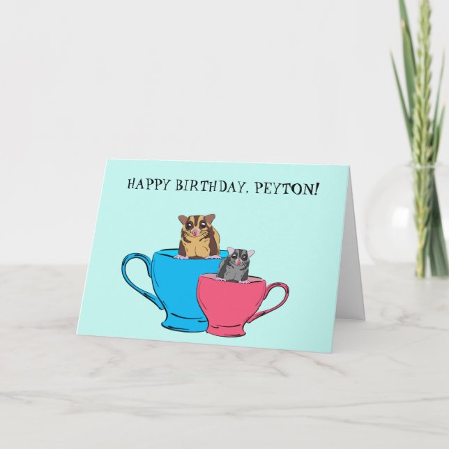 Cute Sugar Gliders in Tea Cups Personalised Card (Front)