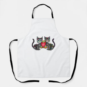 Cute Sugar Skull Cat Duo Heart Mexican Dia De Los Apron